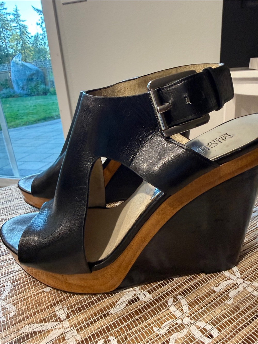 MICHAEL Michael Kors Black Wedge Sandals with Wood Platform - Women's